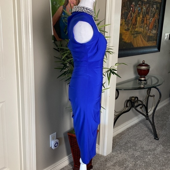 MARINA Blue Stretch Rhinestone Collar Jewel Neck Sheath Cocktail Dress size 6 - Picture 3 of 9